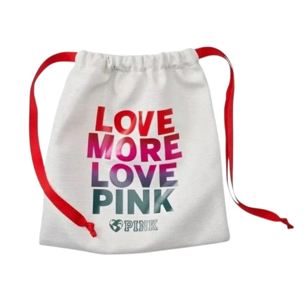 VS PINK White Metallic Silver Shine Reusable Logo Drawstring Gift Tote Bag NEW